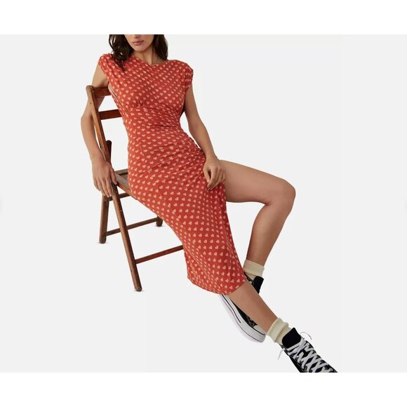 NWT Free People Lakeside Midi Dress Ginger Heart Print Ruched Side Slit Large - Picture 4 of 14